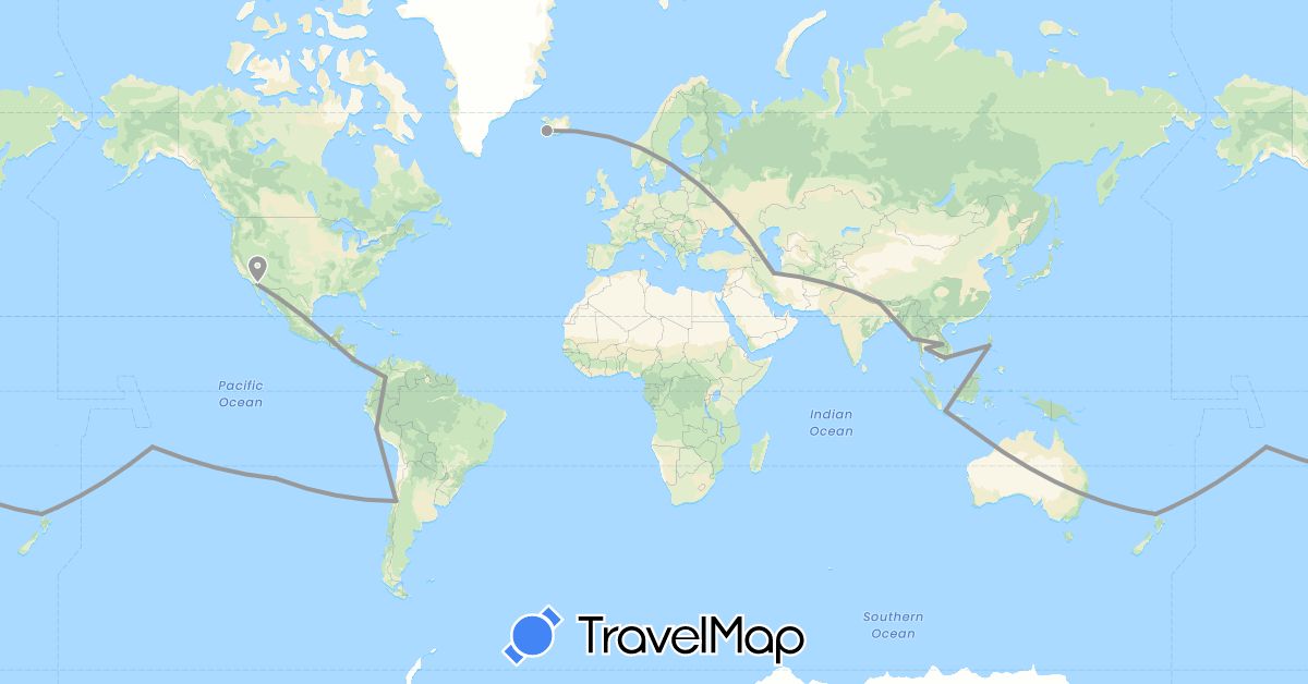 TravelMap itinerary: driving, plane in Chile, Colombia, Costa Rica, Indonesia, Iran, Iceland, Cambodia, Laos, Myanmar (Burma), Mexico, Nepal, New Zealand, Peru, French Polynesia, Philippines, Thailand, Vietnam (Asia, Europe, North America, Oceania, South America)